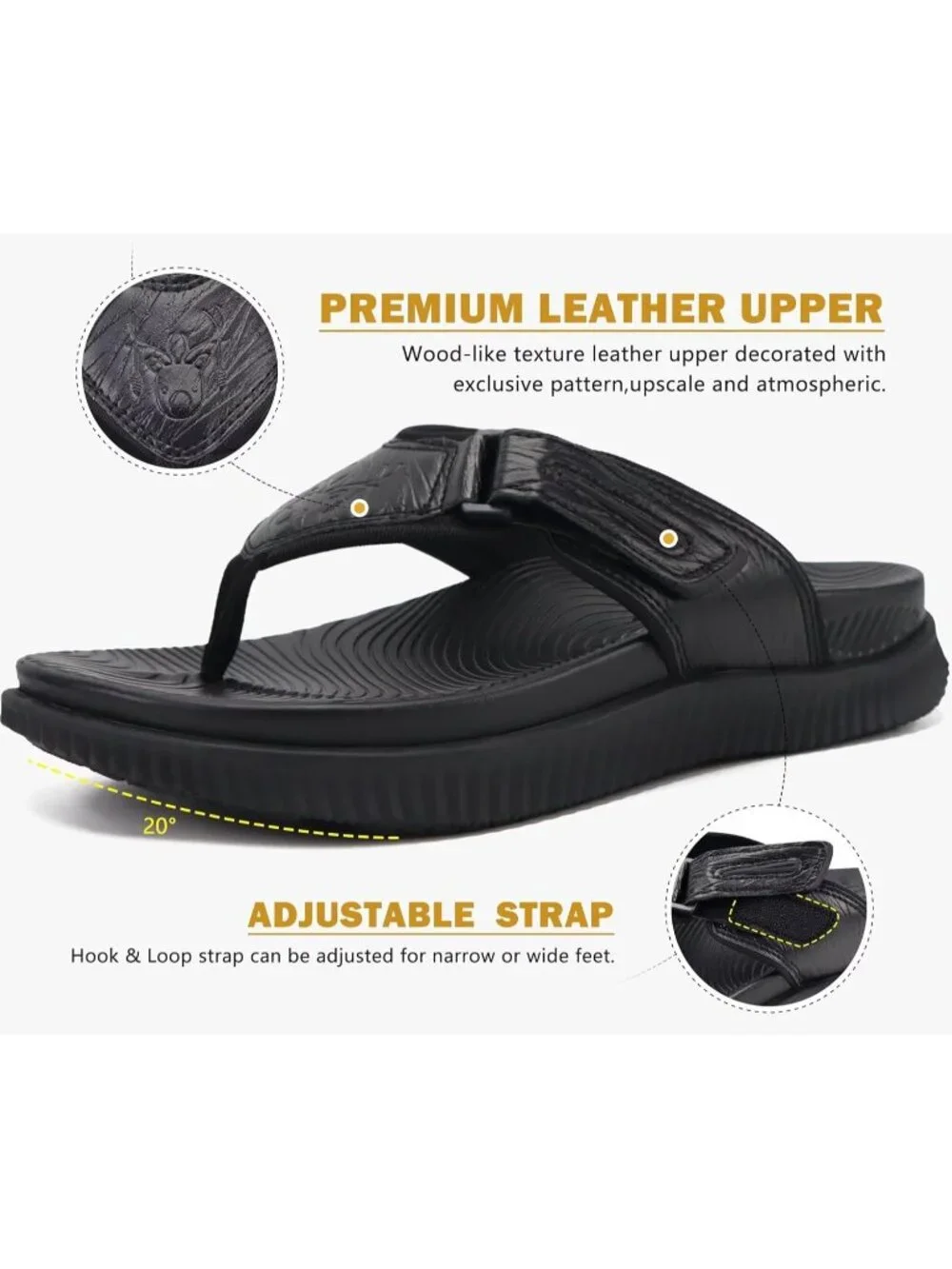 Men's Black Orthotic Cushion Flip Flops Athletic Recovery Foam Walking Sandals